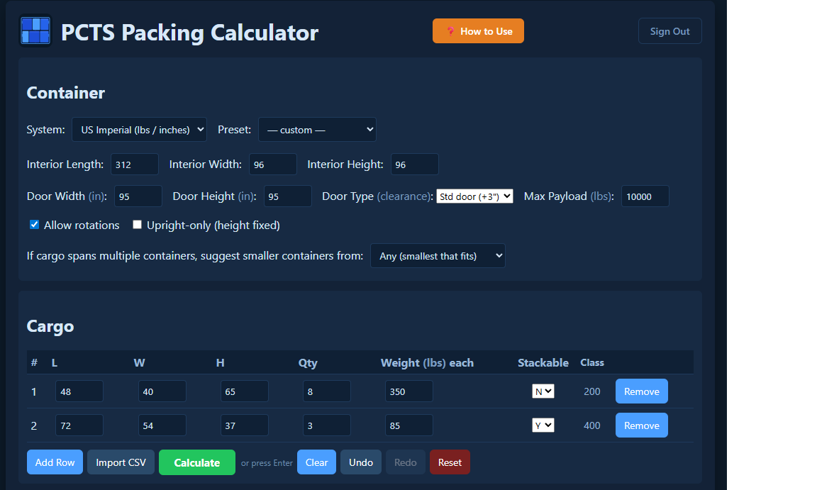 Cargo entry — item dimensions, weight, door type, and freight class
